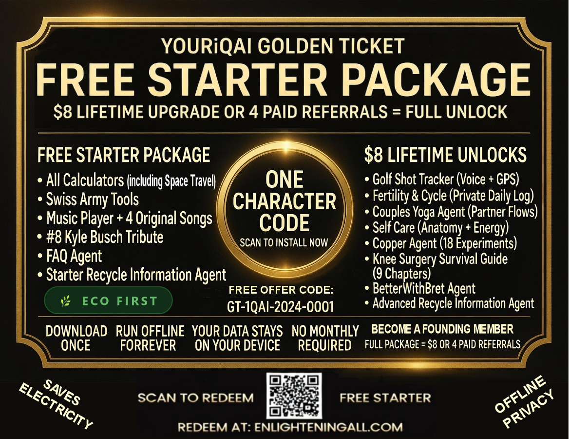YourIQAI Golden Ticket Free Starter Package. Download once, run offline forever. Redeem at EnlighteningAll.com.