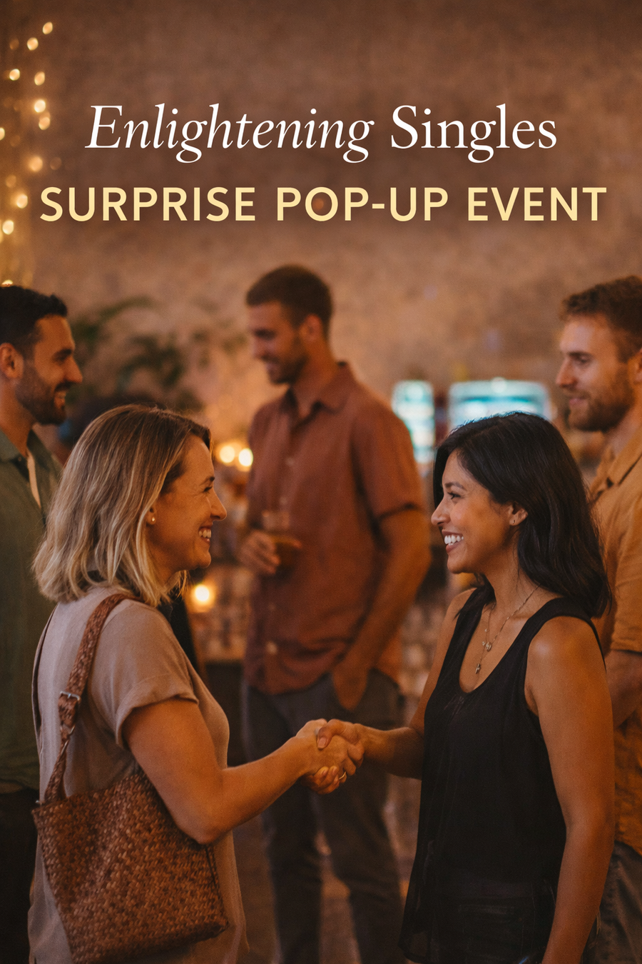 Two women shake hands at a lively event titled Enlightening Singles Surprise Pop-Up, with others mingling in the background.