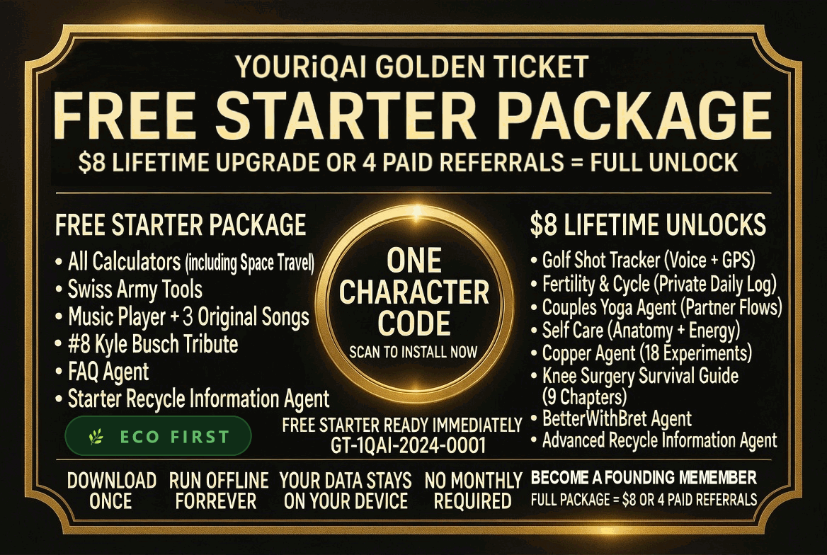 YourIQAI Golden Ticket Free Starter Package. Download once, run offline forever. Redeem at EnlighteningAll.com.